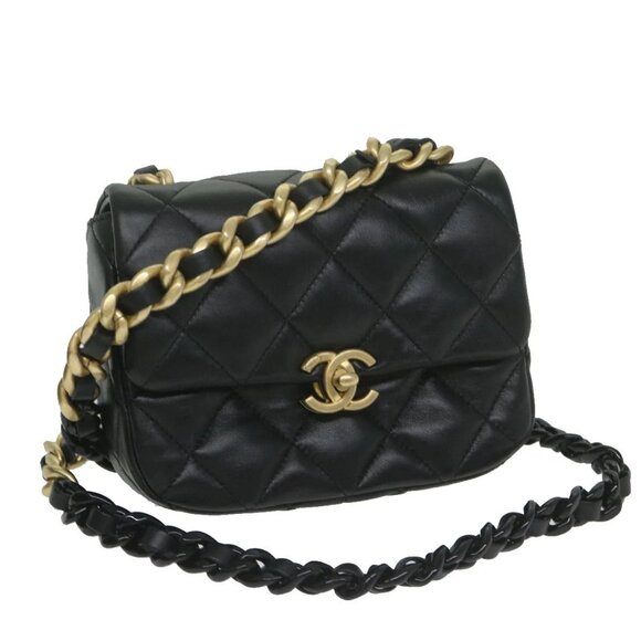 CHANEL Handbags - CHANEL Matelasse Turn Lock Chain Shoulder Bag Lamb Skin Black CC Auth ar11105AM